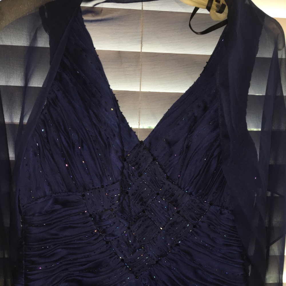 Long navy beaded dress with short sheer jacket